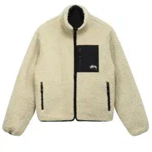 Stussy 8 Ball White Sherpa Reversible Jacket – גקט פליז לבן דו צדדי סטוסי